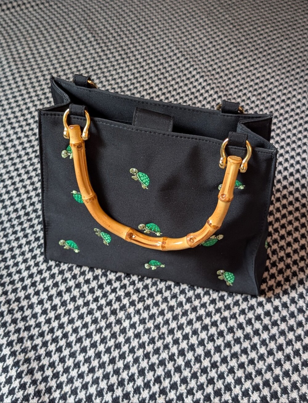 black summer mini purse with embroidered green turtles and bamboo handles